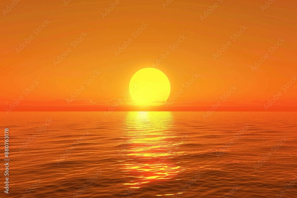 Yellow Sunset over Sea with Orange Sky and Pink Horizon Yellow Sunset over Sea with Orange Sky and Pink Horizon