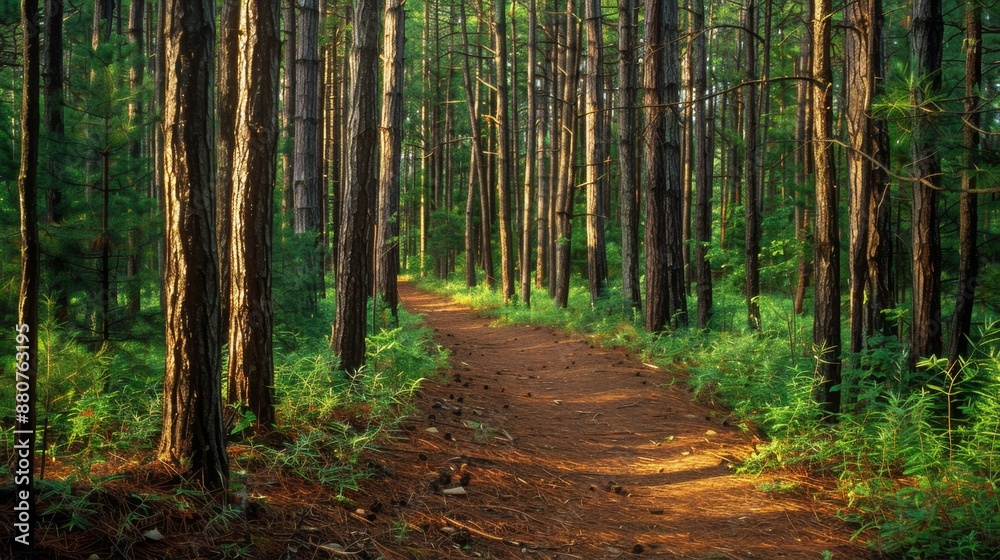 Sunlit Path Through Pine Forest. Sunlit Path Through Pine Forest.
