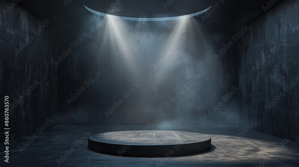Spotlight: A powerful spotlight illuminates the center of the scene, focusing attention on the round pedestal and any product placed on it. The spotlight creates dramatic lighting effects, casting dee Spotlight: A powerful spotlight illuminates the center of the scene, focusing attention on the round pedestal and any product placed on it. The spotlight creates dramatic lighting effects, casting dee