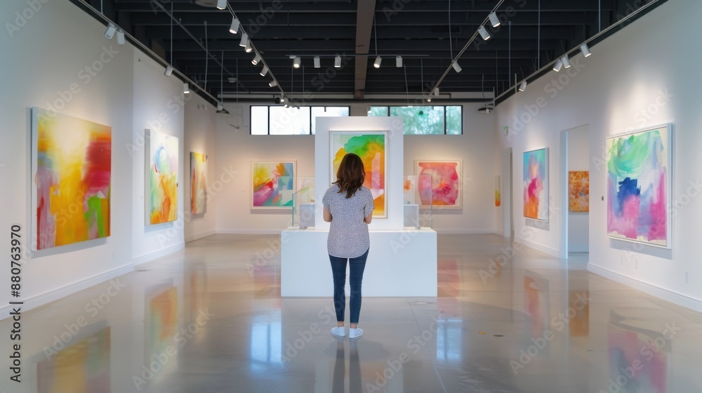Person admiring colorful abstract art in a modern, well-lit art gallery with large paintings displayed on the white walls. Person admiring colorful abstract art in a modern, well-lit art gallery with large paintings displayed on the white walls.