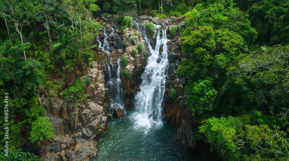 Aerial View of a Cascading Waterfall in a Lush Green Forest. Aerial View of a Cascading Waterfall in a Lush Green Forest.