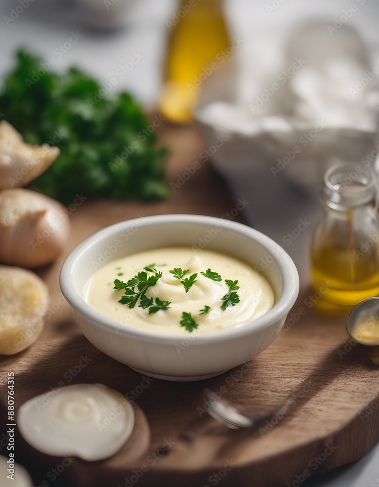 garlic butter sauce in a ramekin, with fresh garlic cloves, ad shot, copy space for text garlic butter sauce in a ramekin, with fresh garlic cloves, ad shot, copy space for text