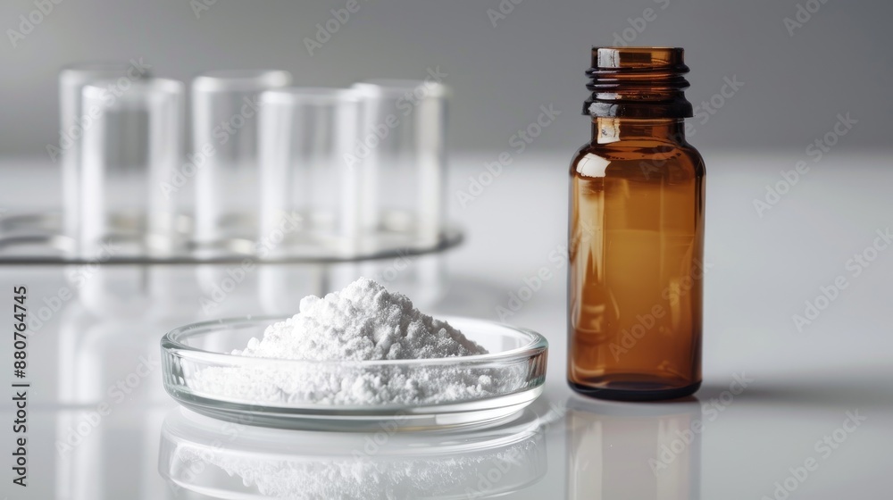 Selective focus on bottle of benzoic acid next to petri dish with solid powder on white lab background