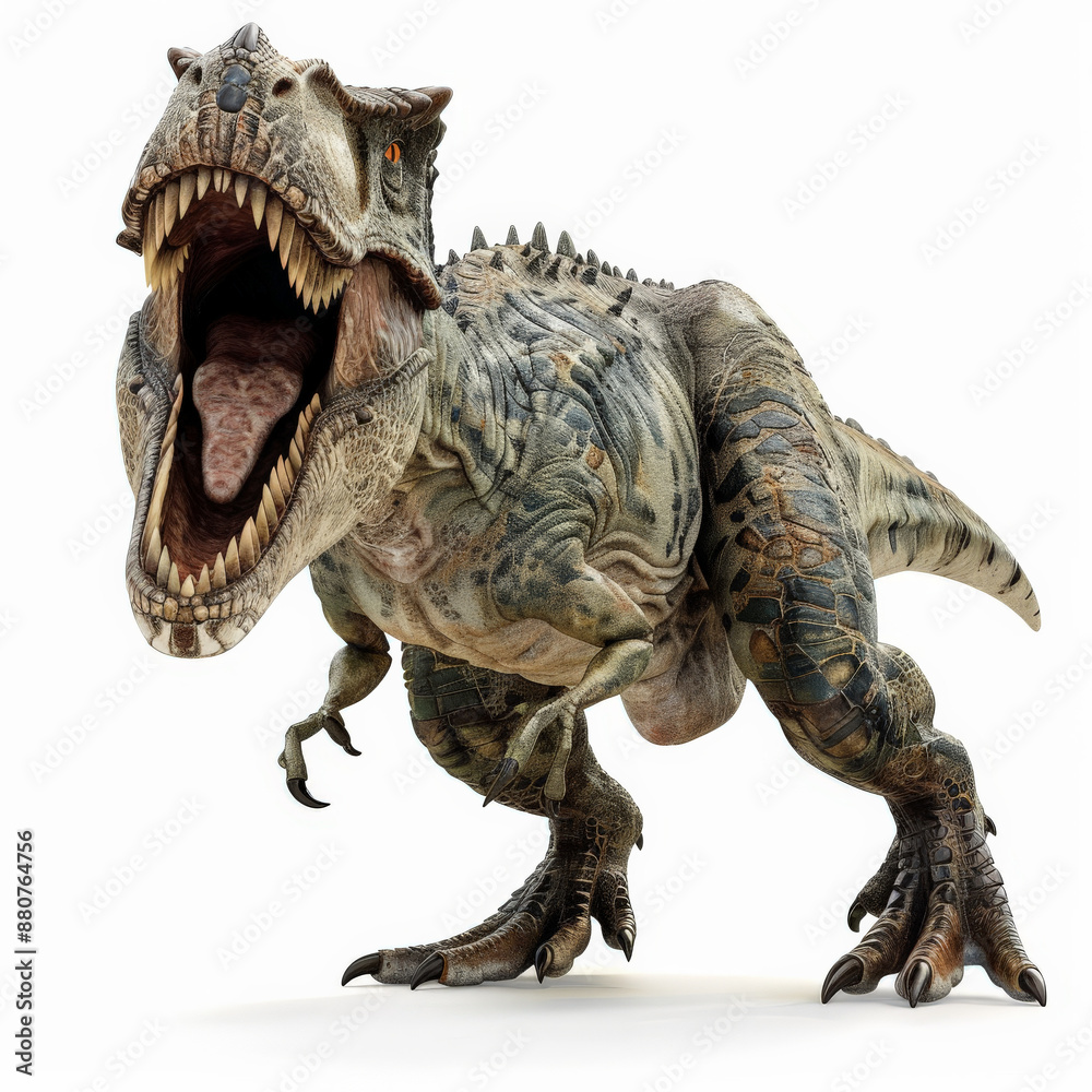 Naklejka premium A fierce Megalosaurus with its sharp teeth and agile build, ready to attack, isolated on white background.