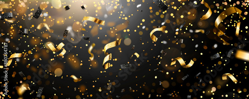 A chic 2025 Happy New Year banner with stylish fonts, confetti raining down, and a black and gold theme.