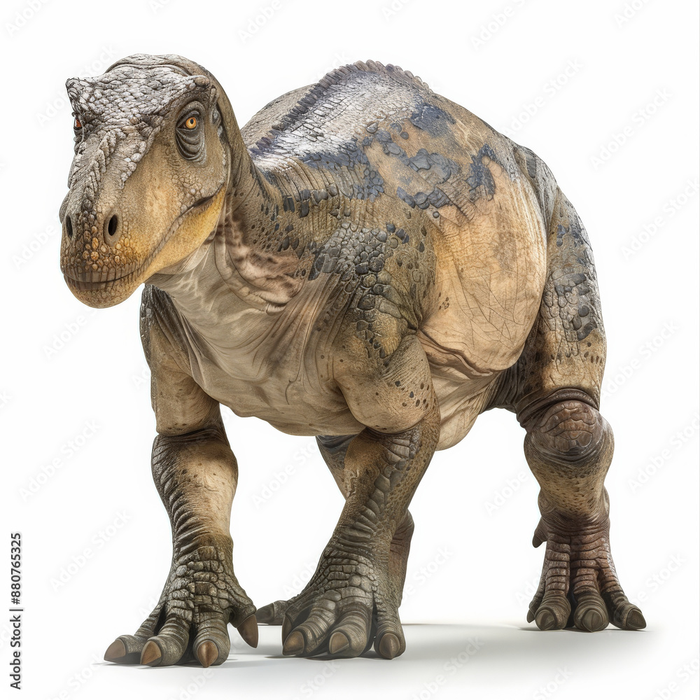 Fototapeta premium A peaceful Hadrosaurus with its herbivorous build and friendly appearance, grazing, isolated on white background.