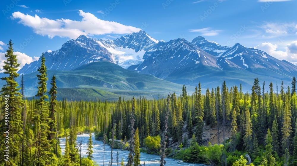 Majestic Mountain Range with Forest and River. Majestic Mountain Range with Forest and River.