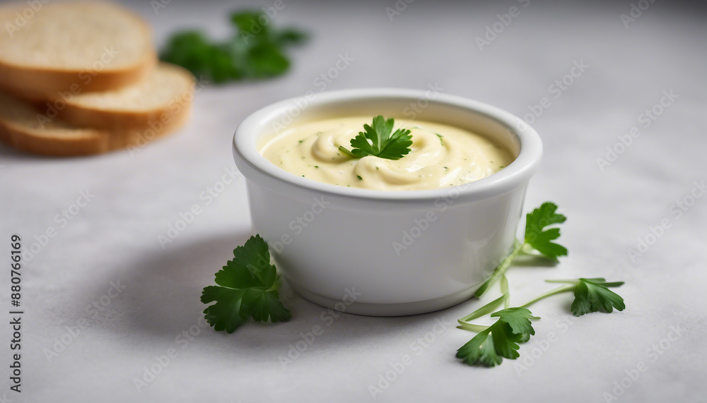 garlic butter sauce in a ramekin, with fresh garlic cloves, ad shot, copy space for text garlic butter sauce in a ramekin, with fresh garlic cloves, ad shot, copy space for text