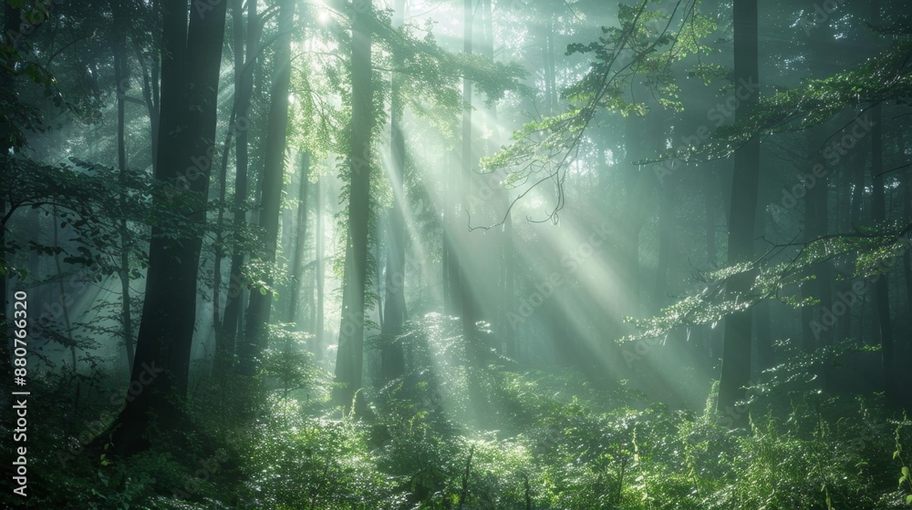 Sunbeams Through Foggy Forest. Sunbeams Through Foggy Forest.