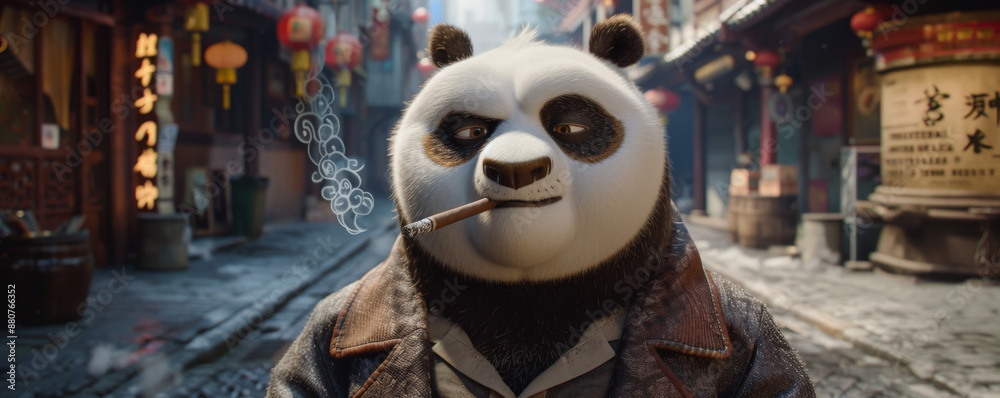Naklejka premium A jovial panda in a detective coat, standing on a sidewalk and smoking a cigar. The panda's serious pose and the city street background enhance the funny scene.