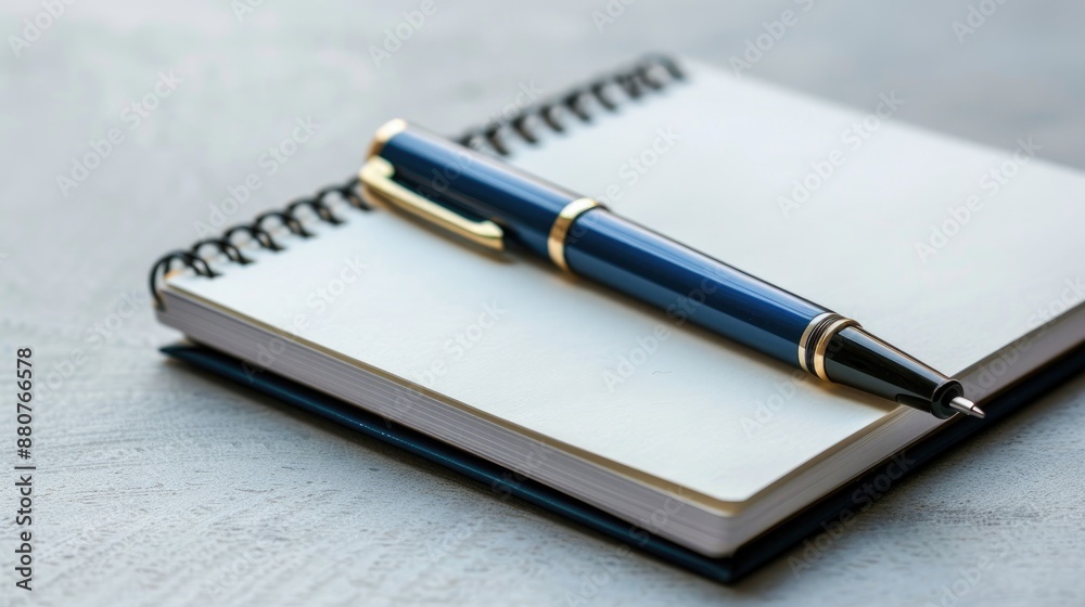 Pen and notepad arranged on white surface Pen and notepad arranged on white surface