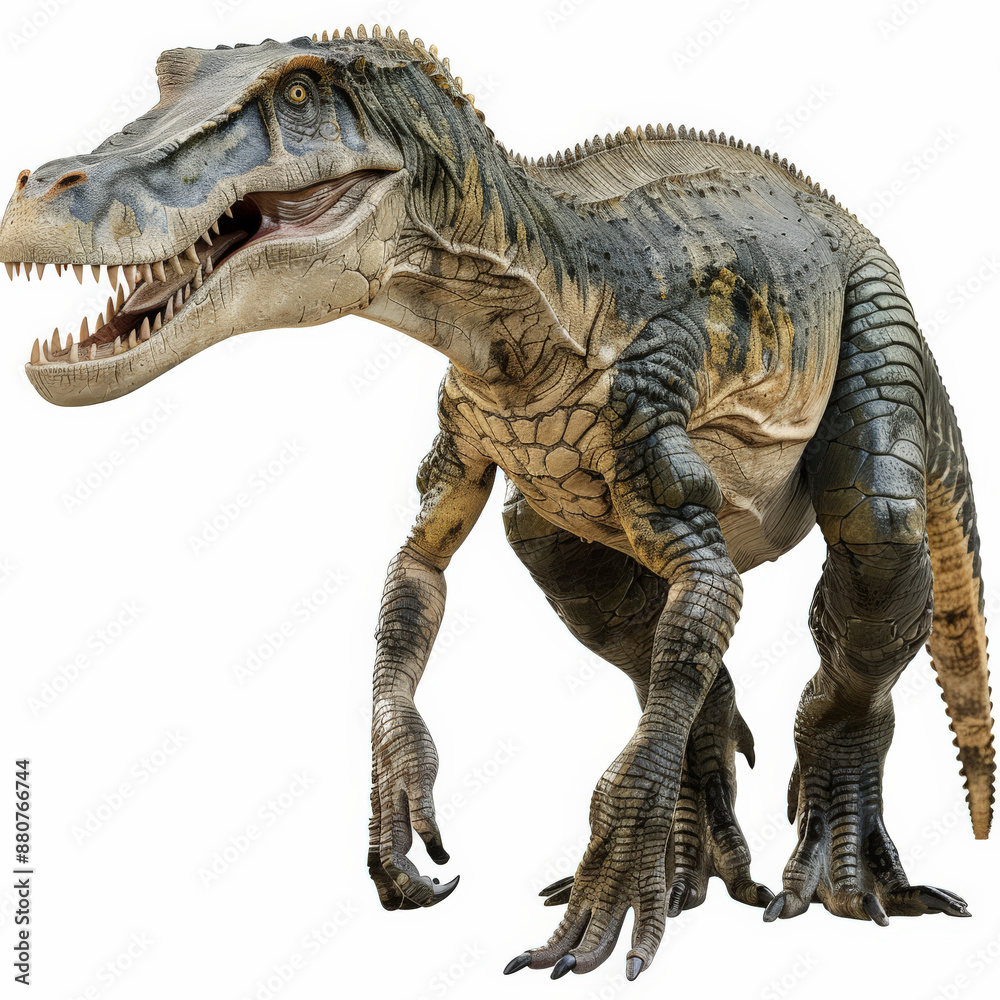 Naklejka premium A majestic Baryonyx with its long, crocodile-like snout and strong build, standing by a river, isolated on white background.