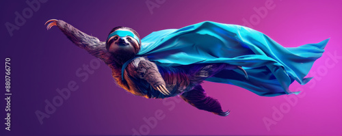 A superhero sloth in a blue cape and mask, flying gracefully on a purple background. The sloth's elegant movement and the vibrant colors make for a unique image. photo