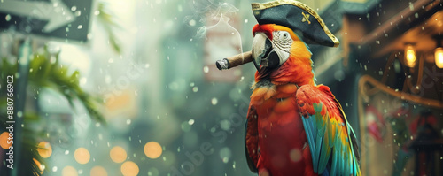A funny parrot in a pirate hat, perched on a street sign and smoking a cigar. The colorful parrot and the urban street scene create a lively and amusing composition.