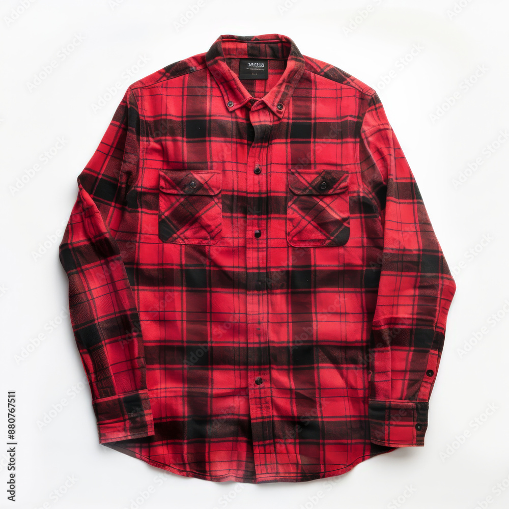 A casual red flannel shirt with long sleeves and buttoned cuffs, isolated on white background. A casual red flannel shirt with long sleeves and buttoned cuffs, isolated on white background.