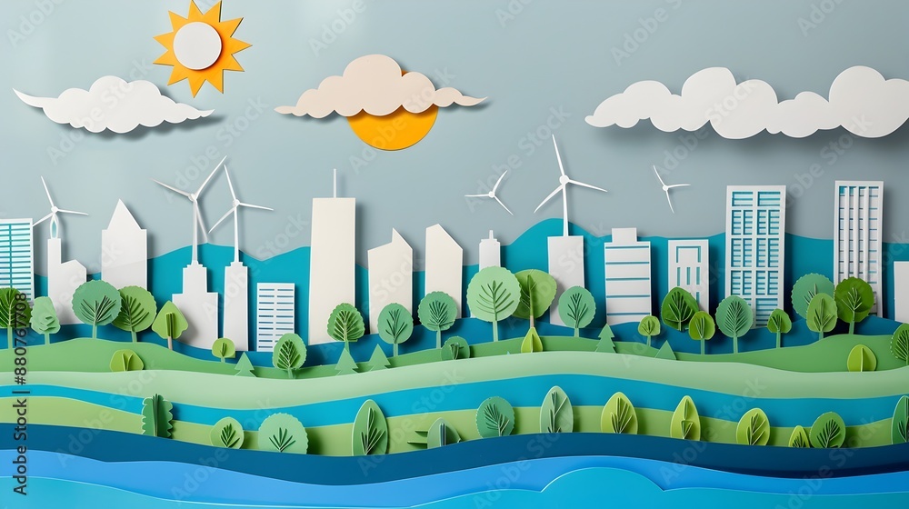 Fototapeta premium Eco-Friendly Cityscape with Renewable Energy Technologies and Lush Greenery