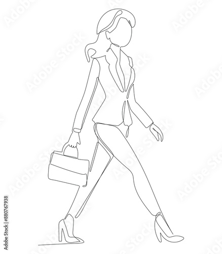 Continuous line art of  business woman holding brief case.