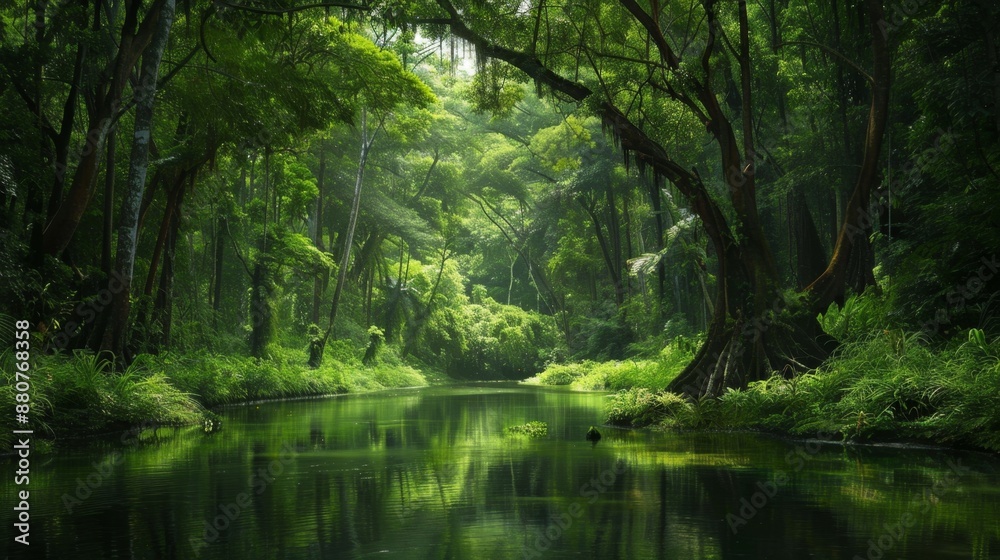 Tranquil River Flowing Through Lush Green Forest. Tranquil River Flowing Through Lush Green Forest.