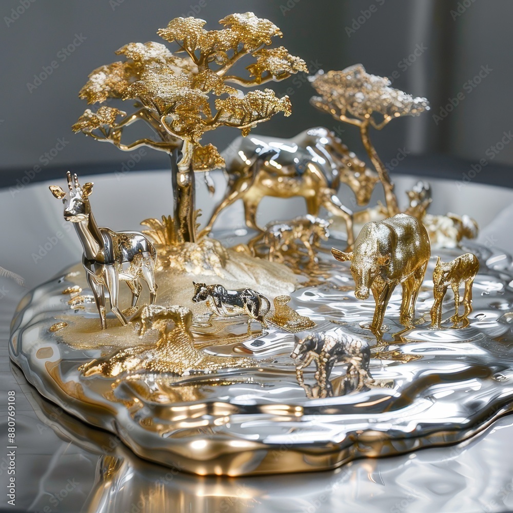 Golden savanna animal sculptures reflecting in water Golden savanna animal sculptures reflecting in water