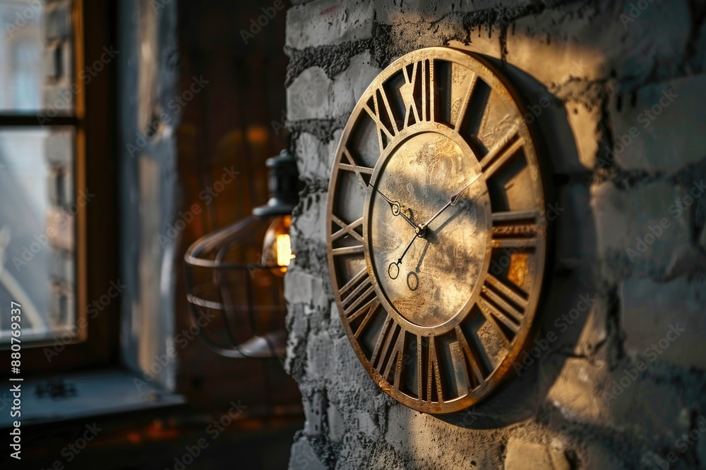 Fototapeta premium A large clock mounted to the side of a brick wall, simple and classic design