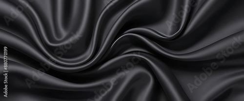 Black silk background with dark luxurious fabric draped texture folds in waves of flowing soft pattern, abstract satin or velvet cloth in luxury material design. ai