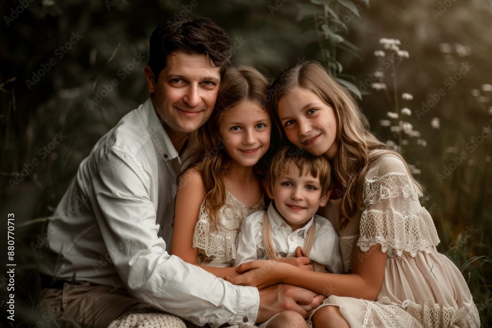 Portrait of a father with his two daughters and one son Portrait of a father with his two daughters and one son
