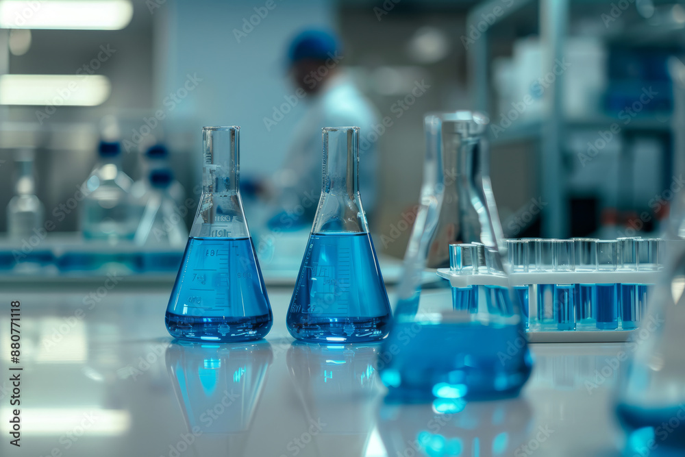 In the laboratory, closeup shot of blue liquid in beakers and flasks on a table with a scientist working behind In the laboratory, closeup shot of blue liquid in beakers and flasks on a table with a scientist working behind
