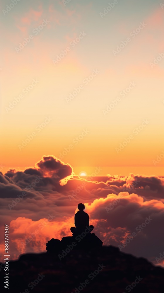 Embracing the Dawn: Confident Young Hiker on Mountain Peak at Sunrise with Blurred Scenic Landscape in Warm Realistic Tones Embracing the Dawn: Confident Young Hiker on Mountain Peak at Sunrise with Blurred Scenic Landscape in Warm Realistic Tones
