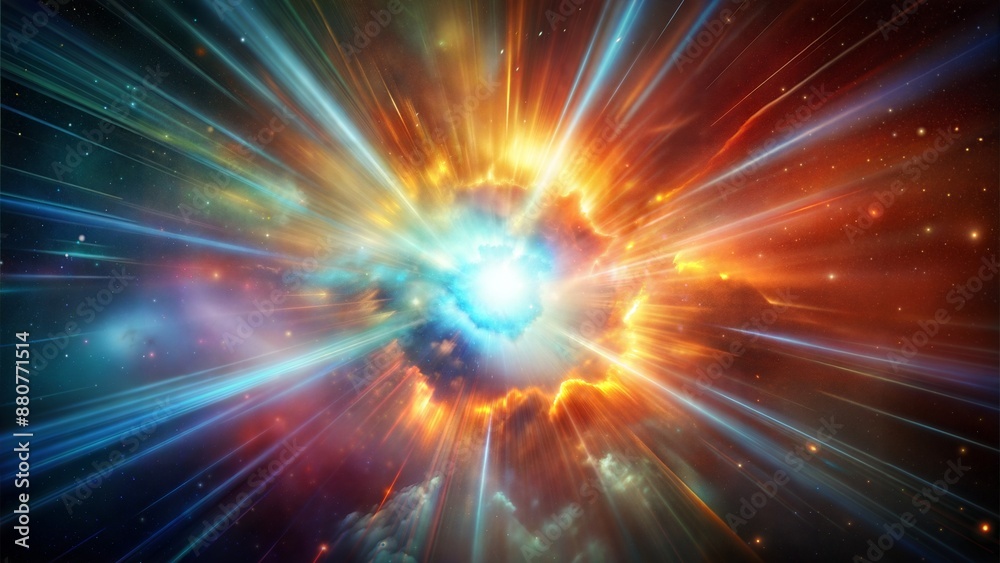 A colorful explosion in space with a bright blue light in the center A colorful explosion in space with a bright blue light in the center