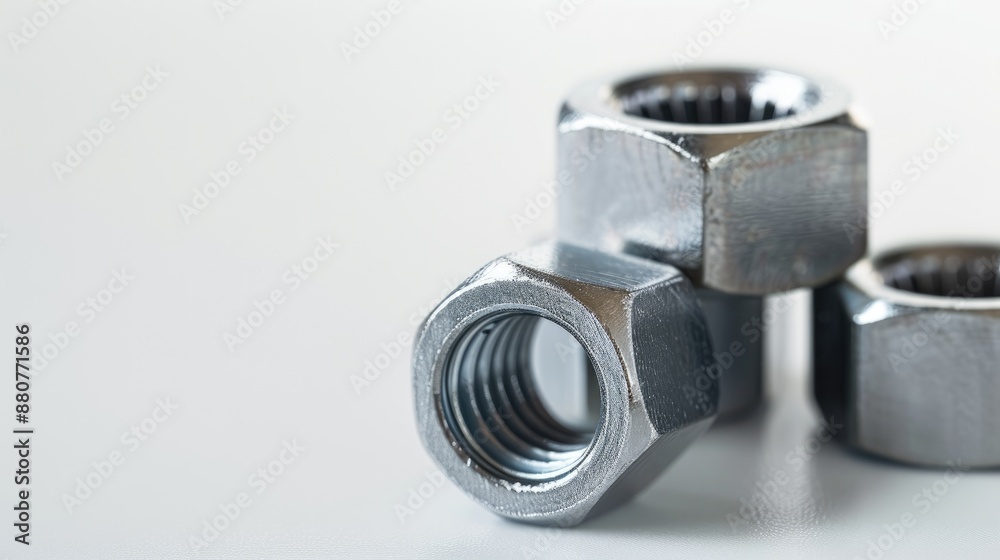 Metal nuts on white background with empty space industrial setting