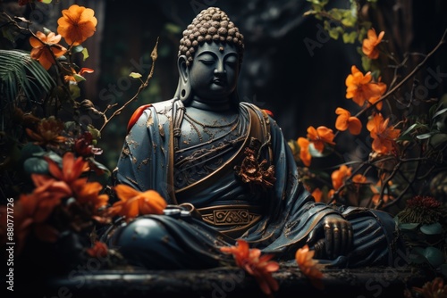 Obraz na płótnie Buddha statue in meditation with plants and flowers, generative IA w salonie