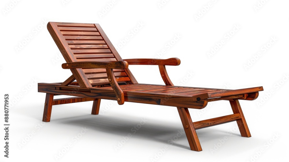 A wooden chaise lounger placed on a clean white background A wooden chaise lounger placed on a clean white background
