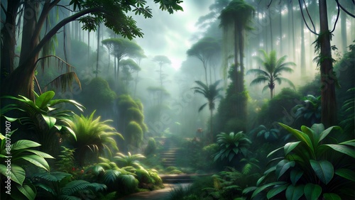 Fototapeta Naklejka Na Ścianę i Meble -  A lush jungle with a river running through it