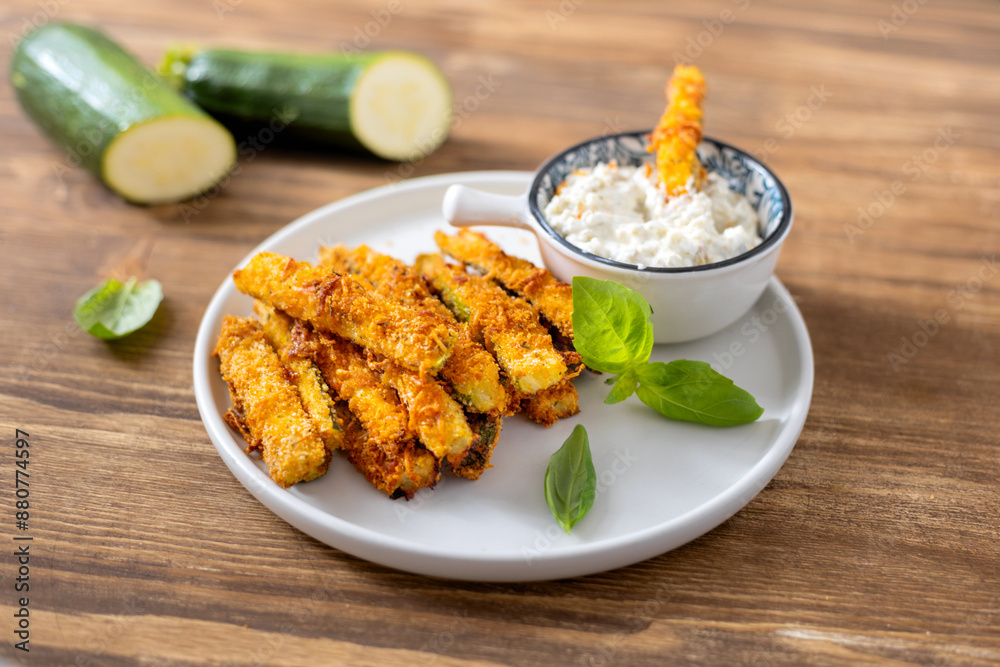 Crispy baked zucchini fries with dipping sauce Healthy food Crispy baked zucchini fries with dipping sauce Healthy food