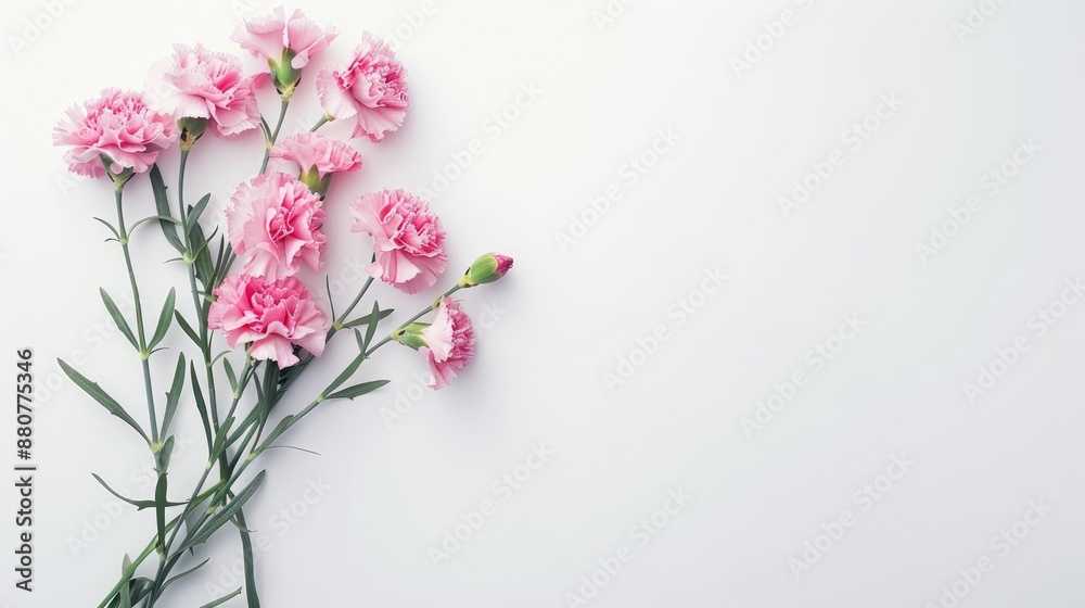 Pink carnations bouquet on white background with space for text Pink carnations bouquet on white background with space for text