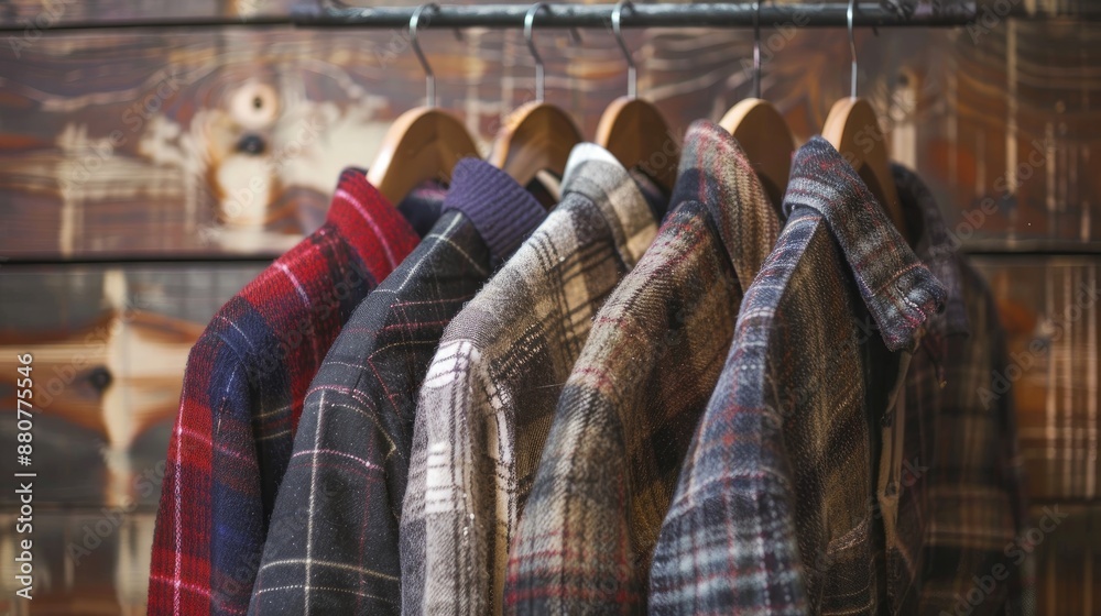 Plaid shirt with row of four sweaters hanging on hangers Plaid shirt with row of four sweaters hanging on hangers
