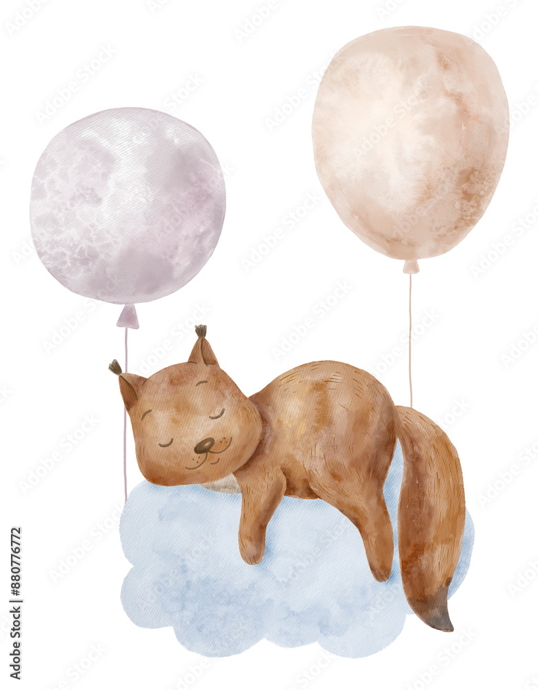 Fototapeta premium Cute Sleeping Squirrel. Watercolor Illustration. Nursery Art.