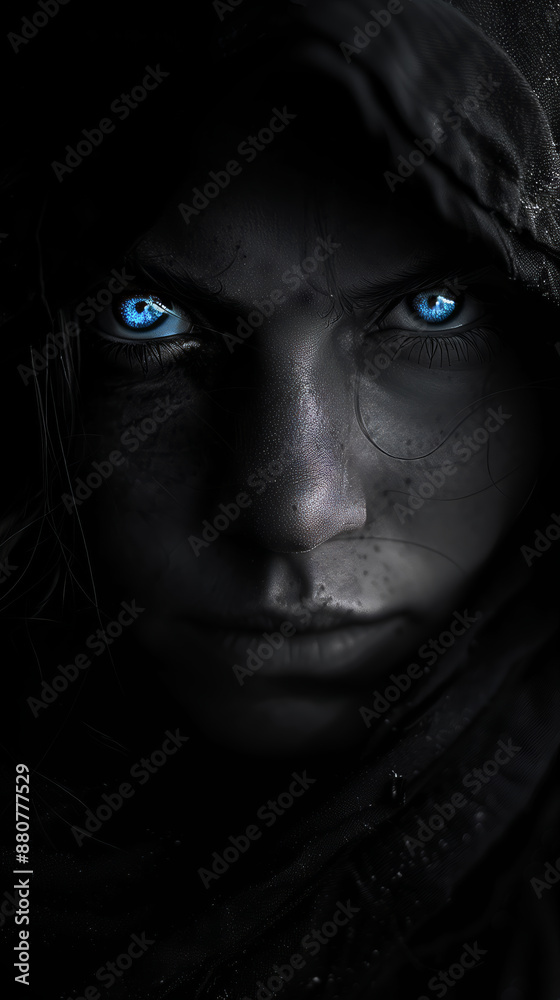 a black-and-white photograph in the dark, in which only the eyes and contours of the face are visible, a creepy man with blue eyes and a hood on his head, art