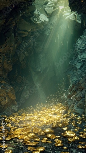 Inside a Shimmering Golden Cavern Where Treasures Await Discovery Amidst Gleaming Ore Piles photo