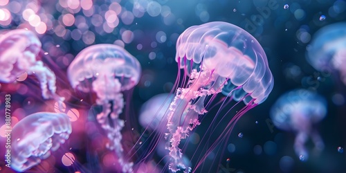 Iridescent jellyfish in murky water surrounded by pink and purple bubbles. Concept Aquatic Life, Underwater Photography, Colorful Creatures, Bubble Art, Iridescent Jellyfish