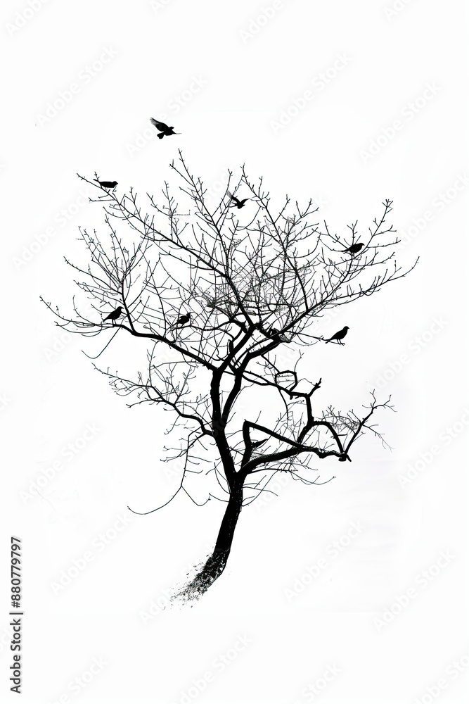 A black and white sketch of a tree with birds perched on its branches A black and white sketch of a tree with birds perched on its branches