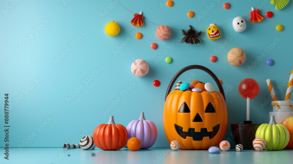 Fototapeta premium Festive Halloween Pumpkin with Candy and Decorations