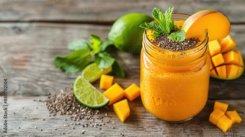 Refreshing mango smoothie with chia seeds, lime and mint. Refreshing mango smoothie with chia seeds, lime and mint.