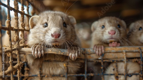 A closeup of young minks in a cage on a fur farm. The animals appear curious and alert in their wire enclosure, illustrating the conditions of the fur industry.