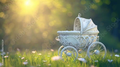 A baby stroller is beautiful and cute in fantasy blurred background.