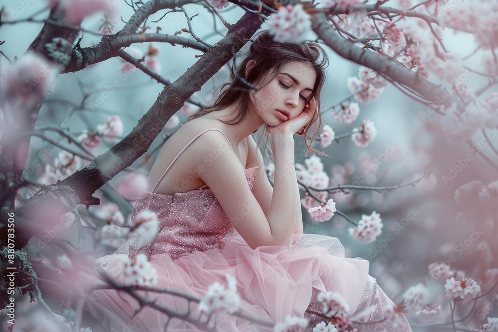 A woman wearing a pink dress is seated in a tree, perfect for use as a decorative element or illustration A woman wearing a pink dress is seated in a tree, perfect for use as a decorative element or illustration