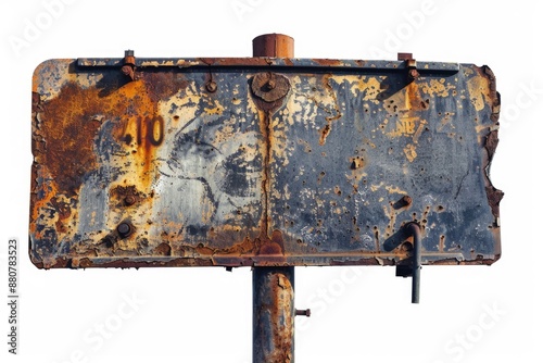 A worn-out metal sign mounted on a pole, with a white background