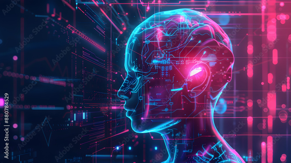 Big data and artificial intelligence concept. Machine learning and cyber mind domination concept in form of men face outline outline with circuit board and binary data flow on blue background.