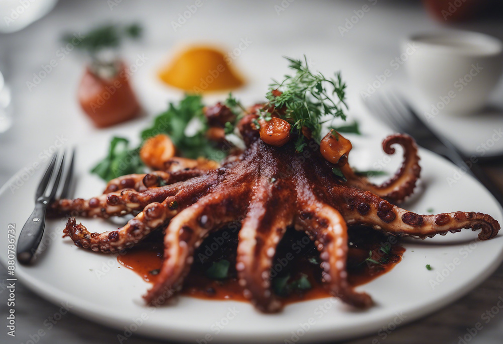 grilled octopus with smoked paprika, ad shot, copy space for text