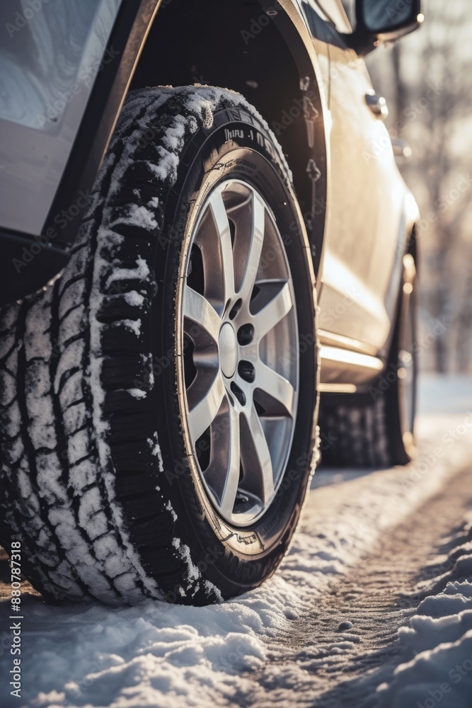 Naklejka premium A close-up view of a tire on a snowy road, ideal for winter-themed illustrations or design concepts